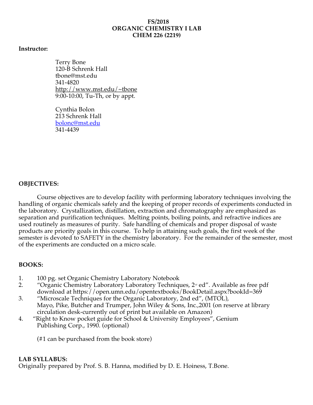 FS/2018 ORGANIC CHEMISTRY I LAB CHEM 226 (2219) Instructor