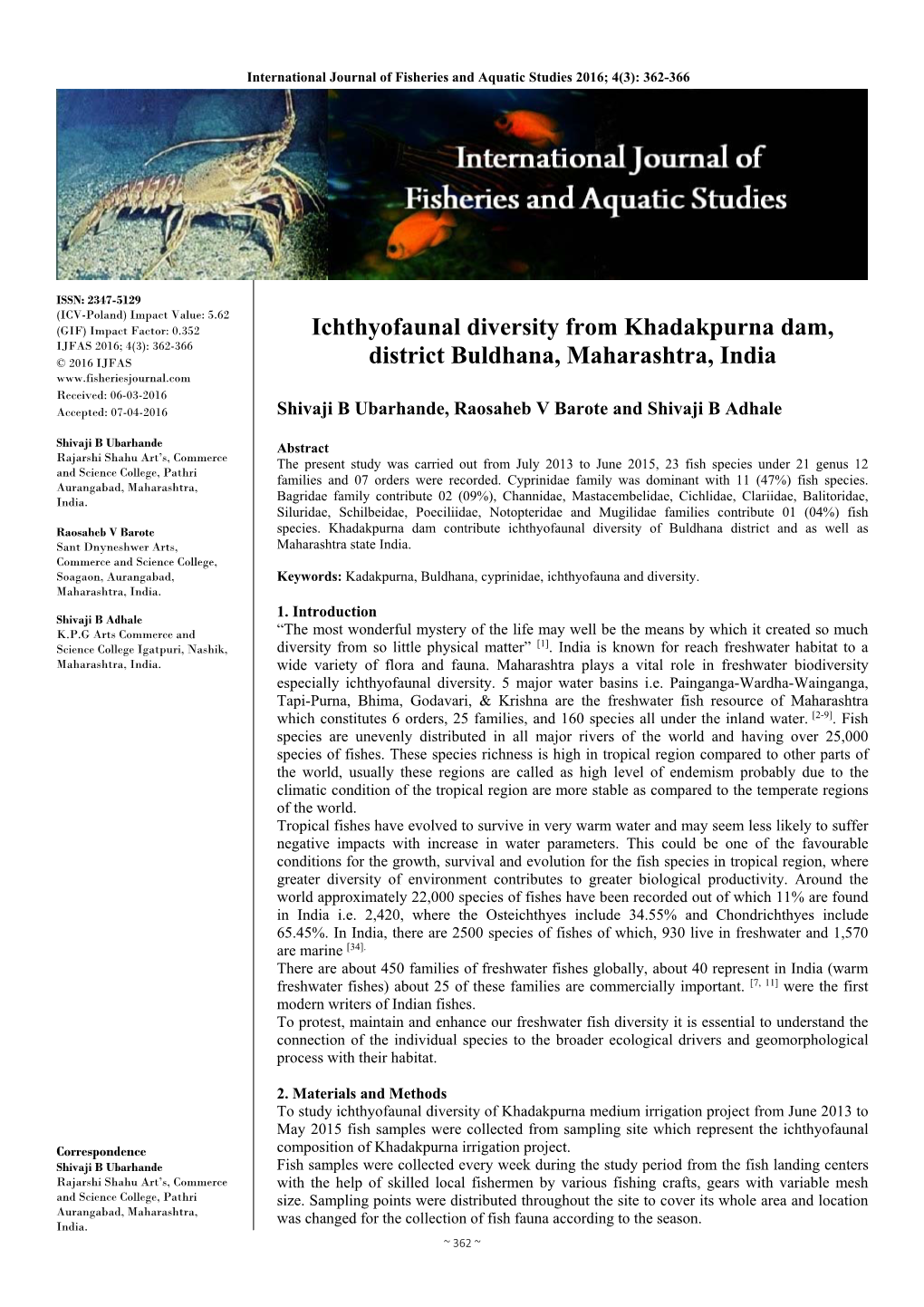 Ichthyofaunal Diversity from Khadakpurna Dam, District