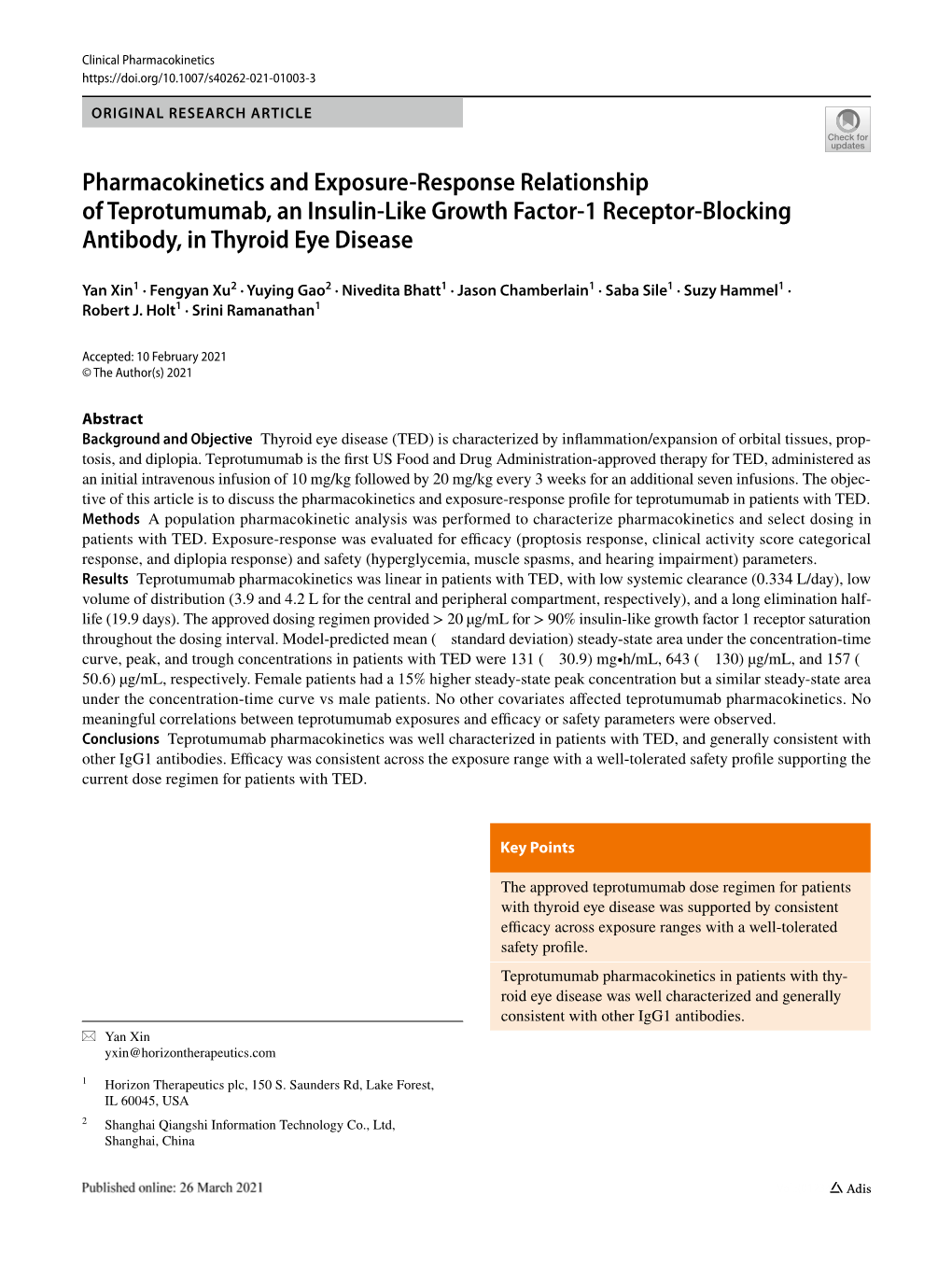 Pharmacokinetics and Exposure-Response Relationship of Teprotumumab Frst 3 Months, Unless Determined to Be Medically Necessary