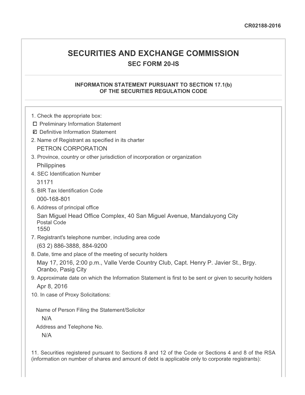 Securities and Exchange Commission Sec Form 20-Is