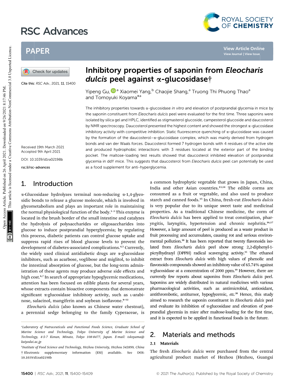 Inhibitory Properties of Saponin from Eleocharis Dulcis Peel Against Α-Glucosidase