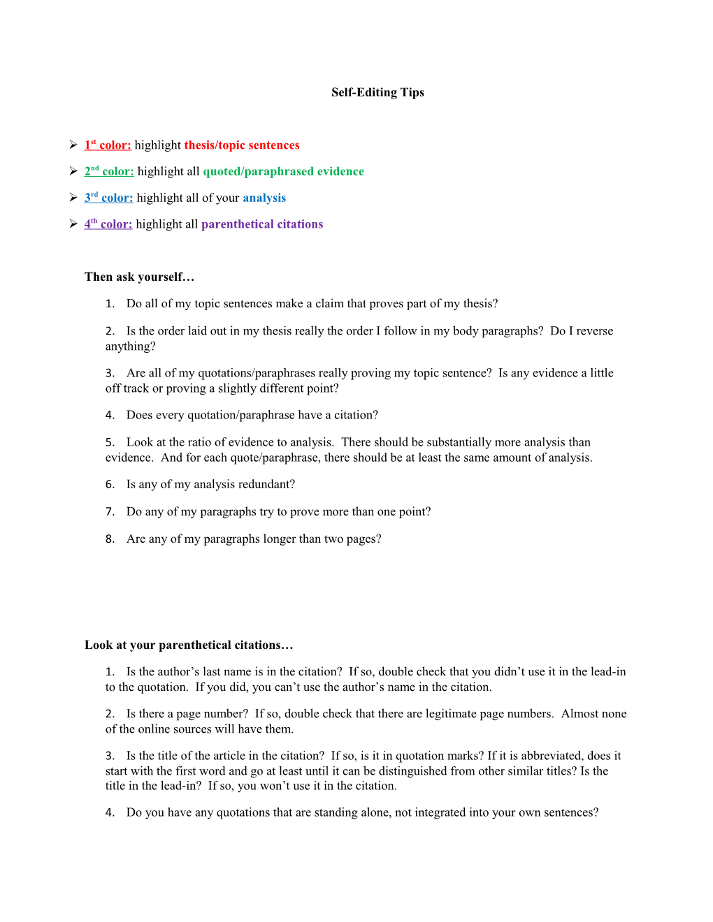 Ø 1St Color: Highlight Thesis/Topic Sentences