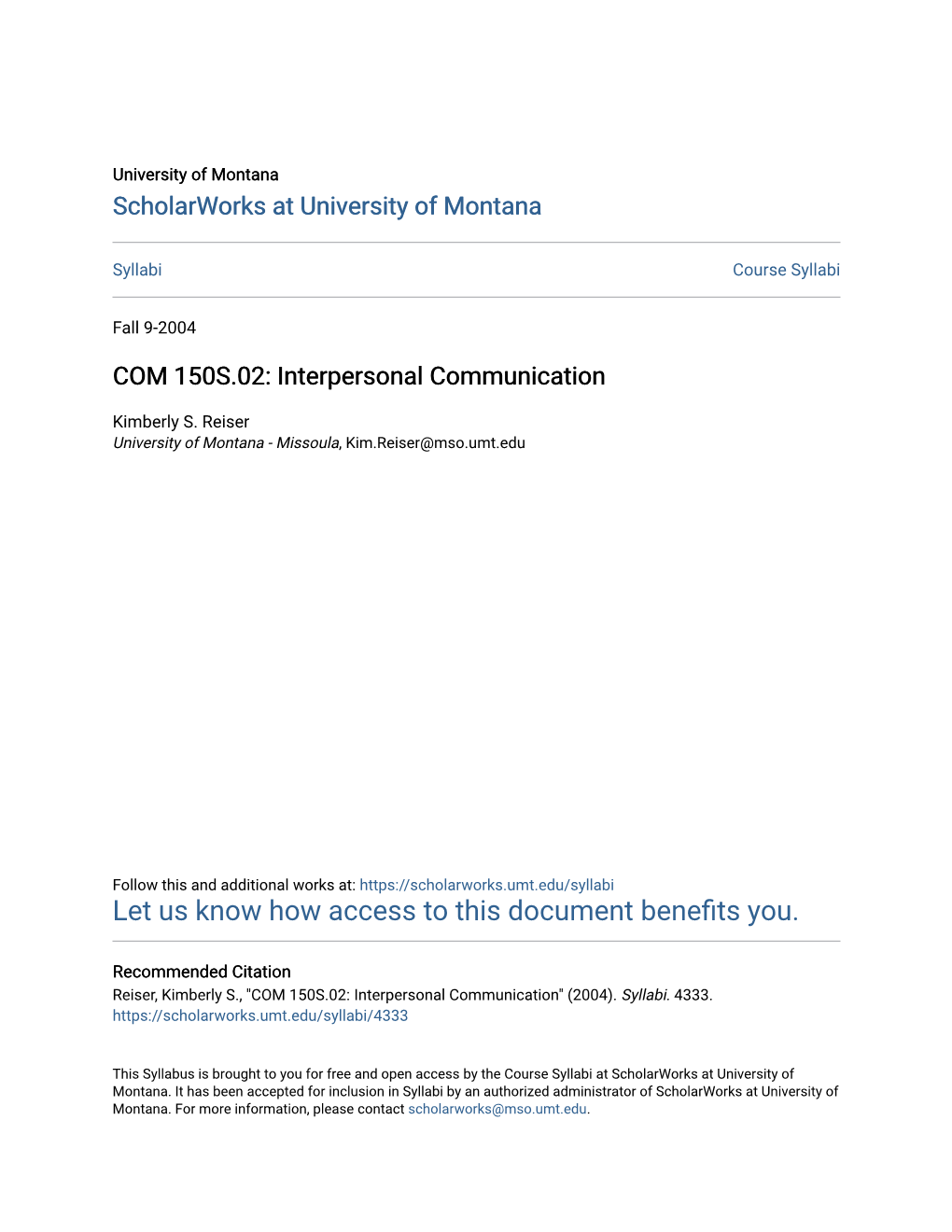 COM 150S.02: Interpersonal Communication