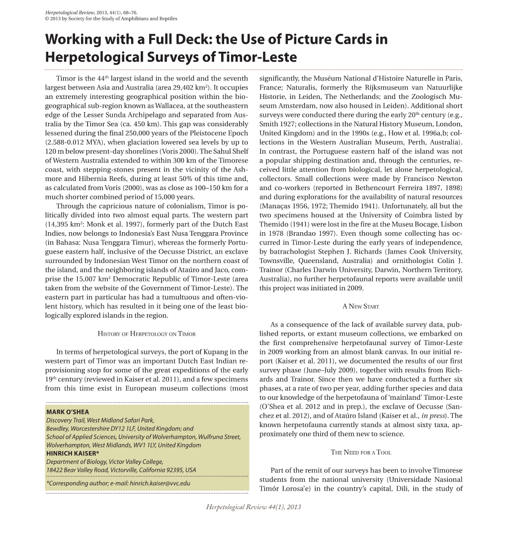 Working with a Full Deck: the Use of Picture Cards in Herpetological Surveys of Timor-Leste