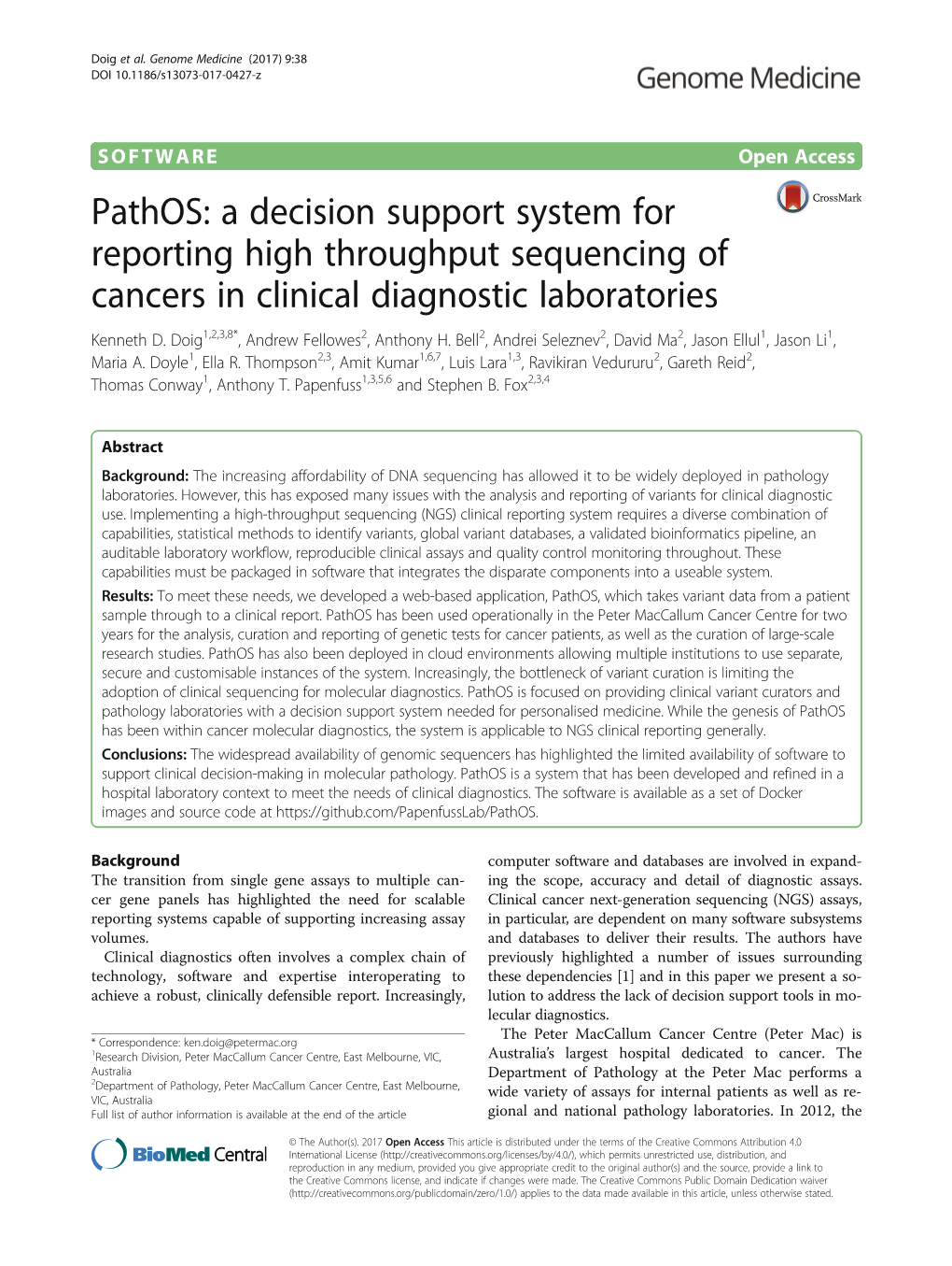 A Decision Support System for Reporting High Throughput Sequencing of Cancers in Clinical Diagnostic Laboratories Kenneth D