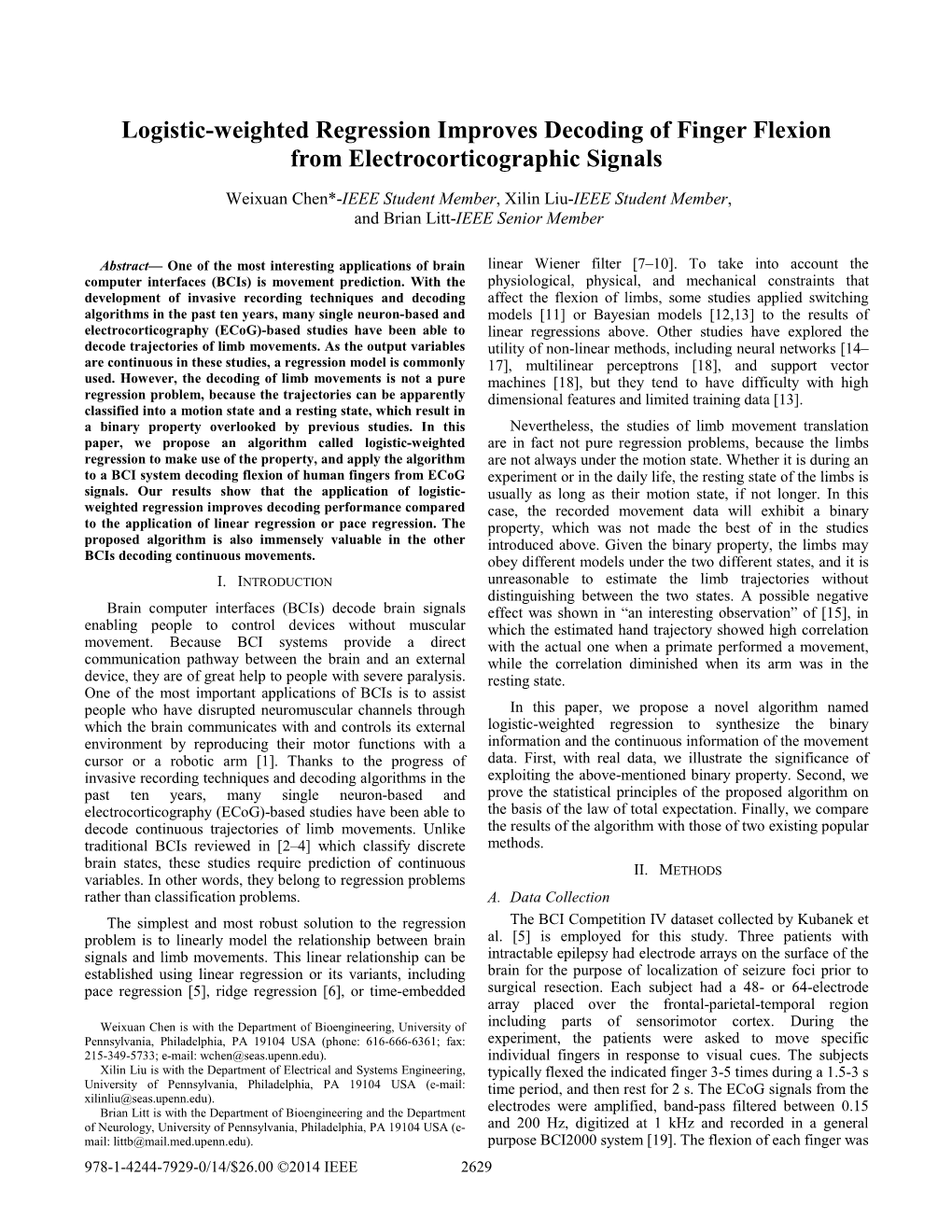 Logistic-Weighted Regression Improves Decoding of Finger Flexion from Electrocorticographic Signals