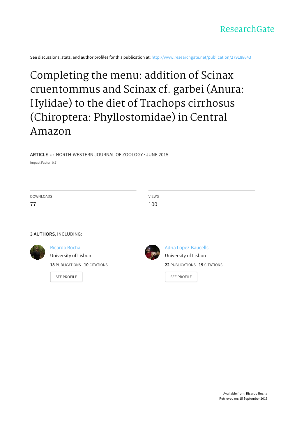 To the Diet of Trachops Cirrhosus (Chiroptera: Phyllostomidae) in Central Amazon