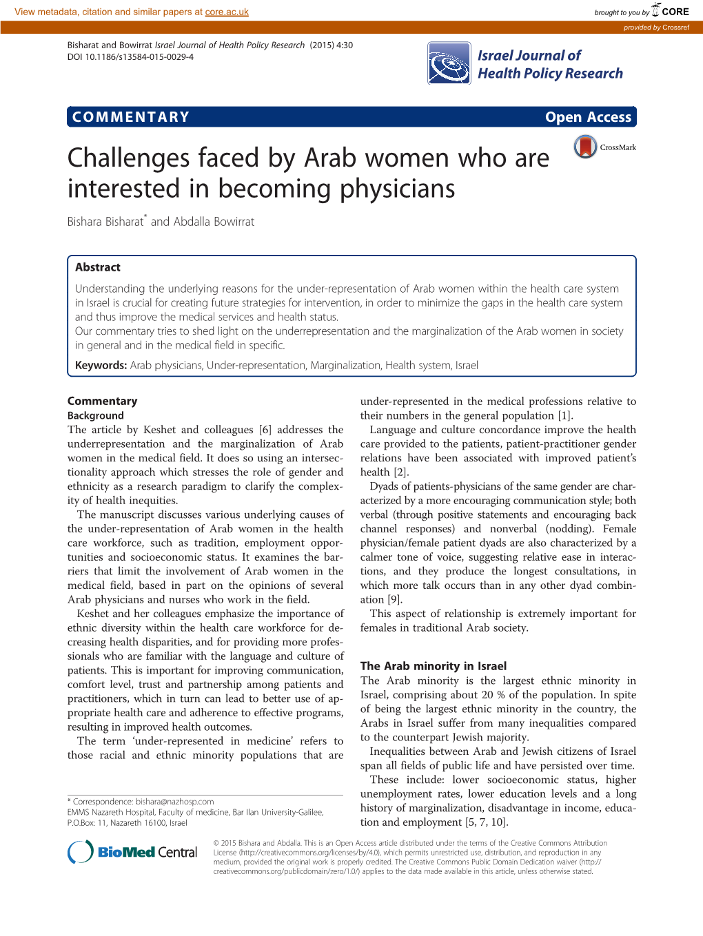 Challenges Faced by Arab Women Who Are Interested in Becoming Physicians Bishara Bisharat* and Abdalla Bowirrat