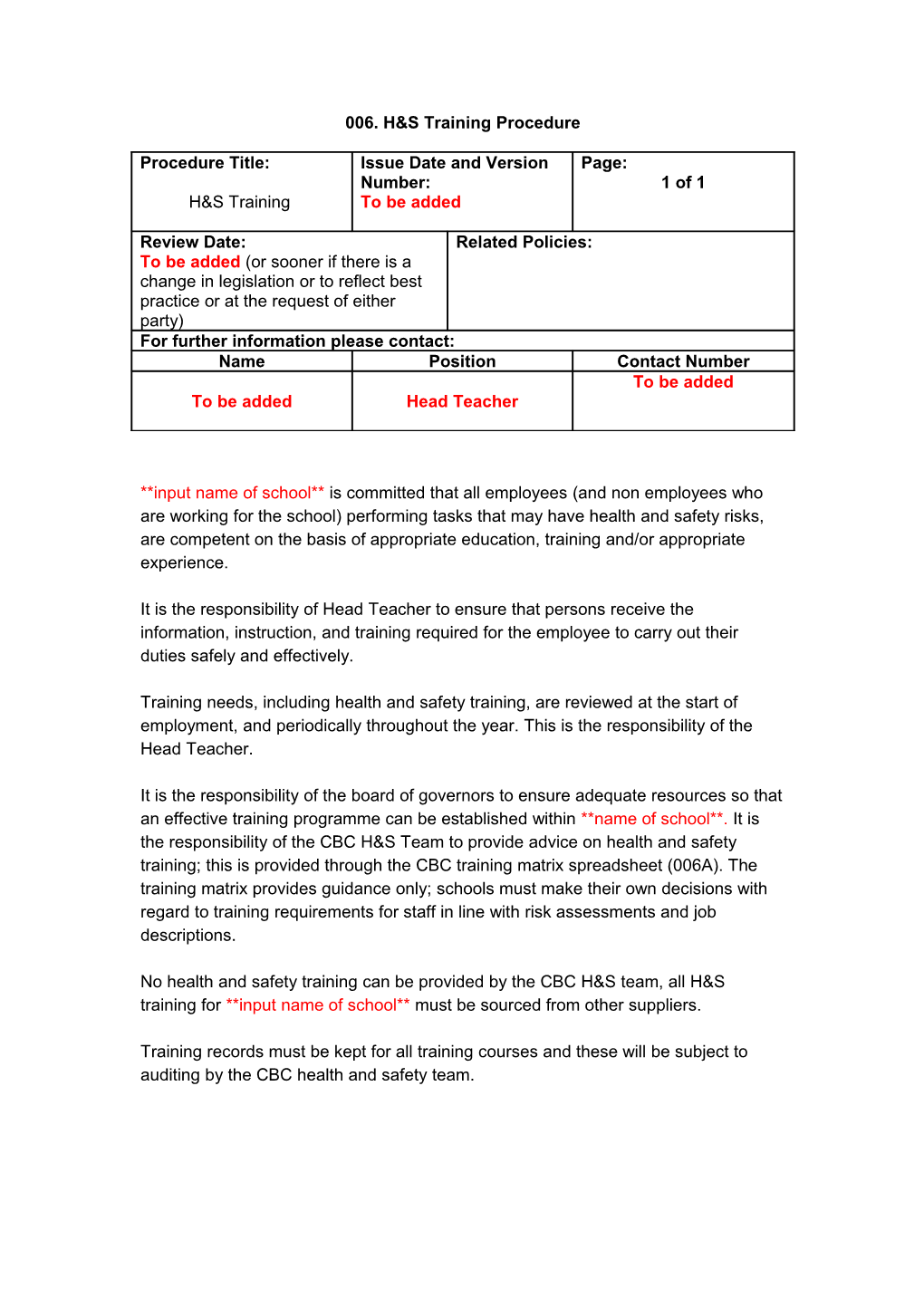 006. H&S Training Procedure