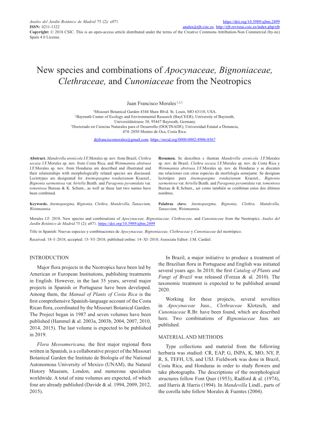 New Species and Combinations of Apocynaceae, Bignoniaceae, Clethraceae, and Cunoniaceae from the Neotropics