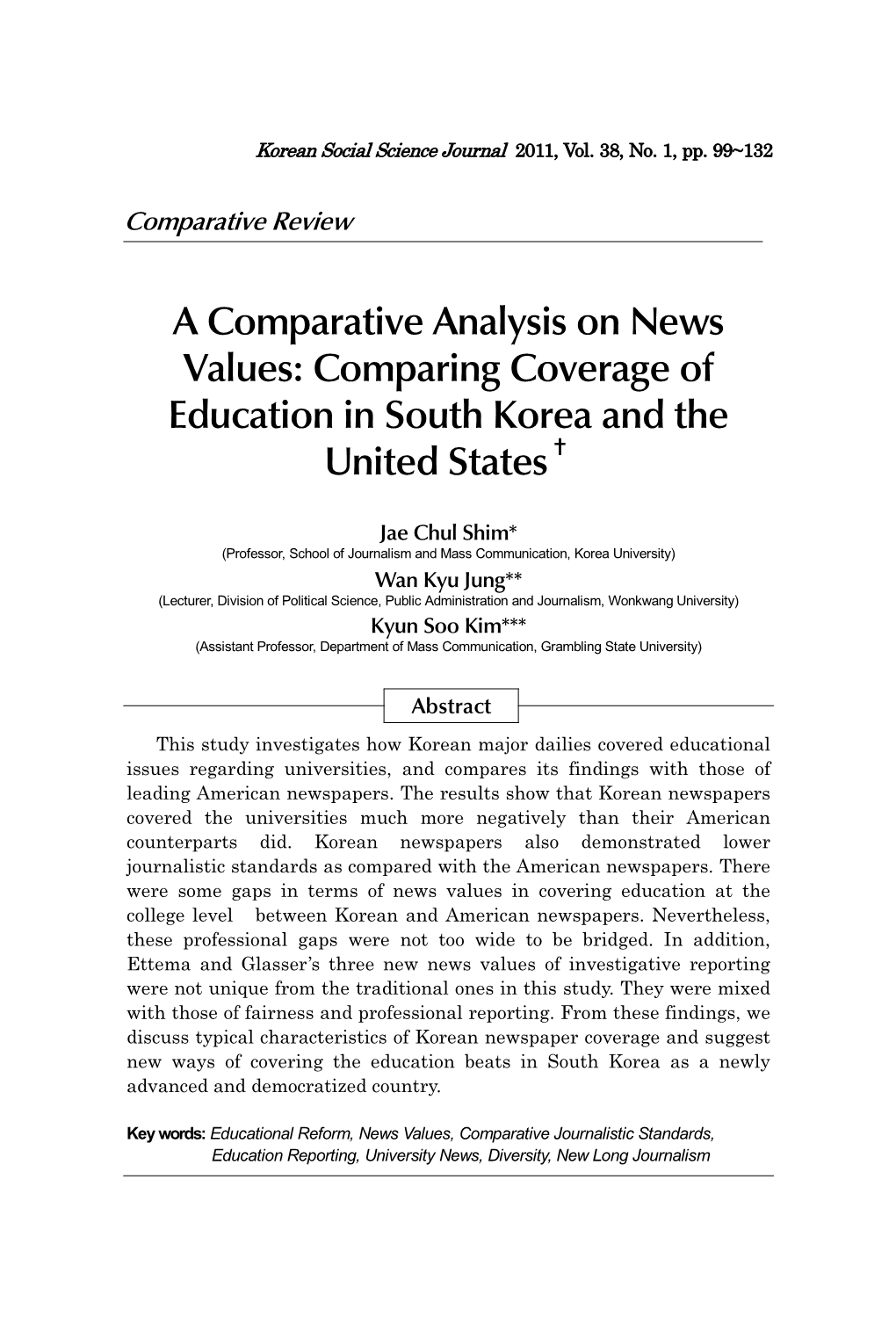 A Comparative Analysis on News Values: Comparing Coverage of Education in South Korea and the United States✝