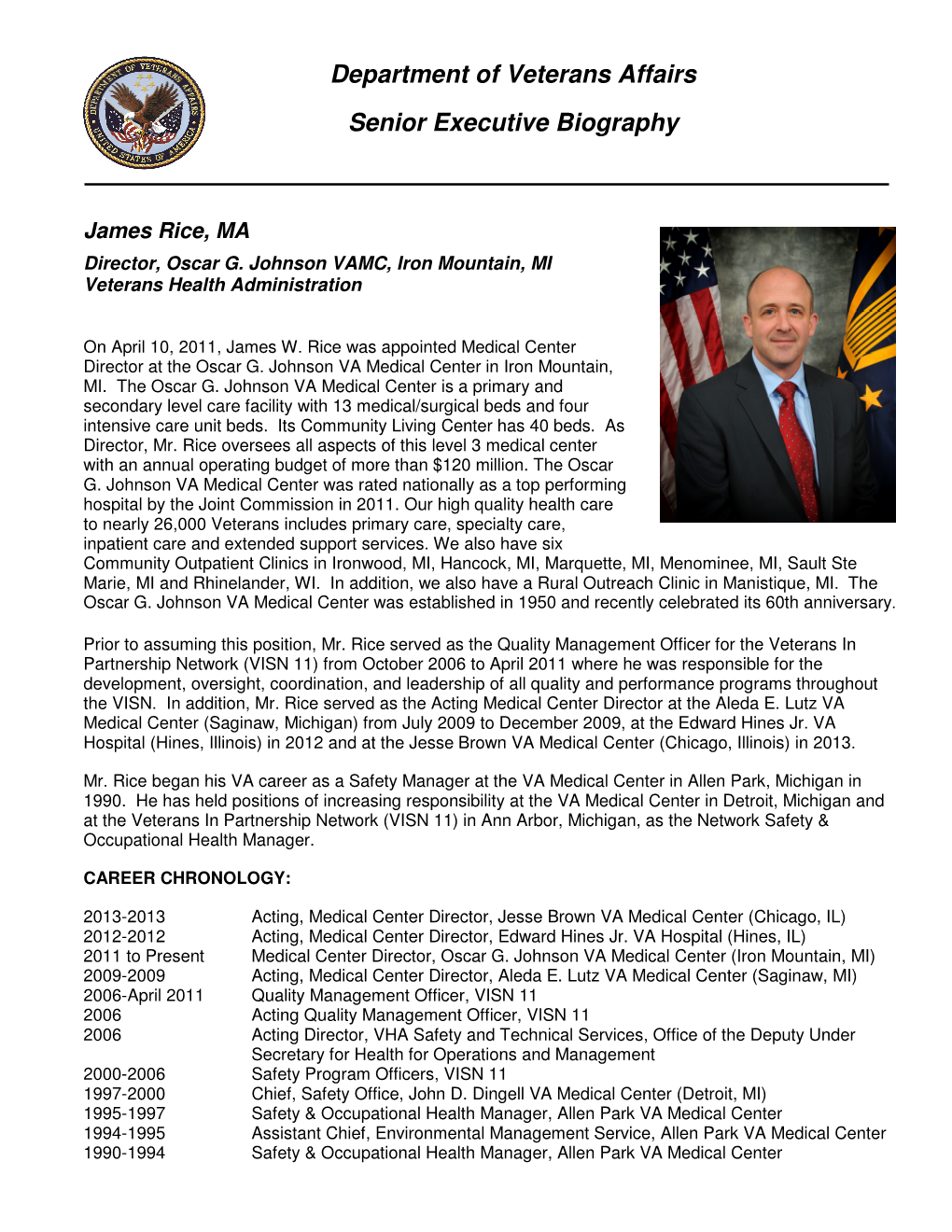 Department of Veterans Affairs Senior Executive Biography