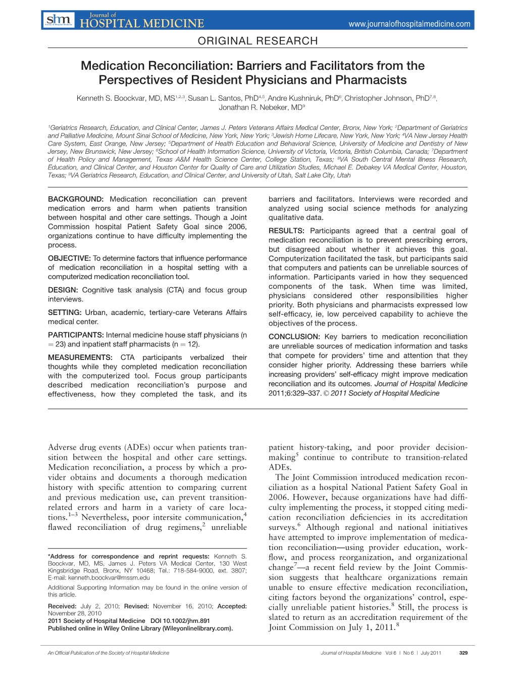 Medication Reconciliation: Barriers and Facilitators from the Perspectives of Resident Physicians and Pharmacists