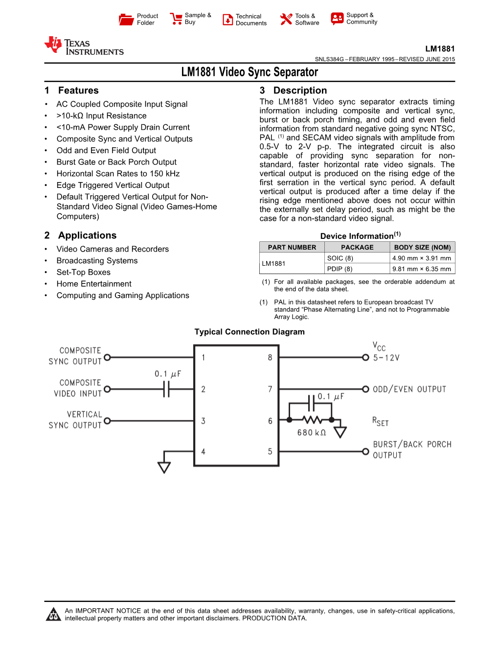 LM1881 Video Sync Separator Datasheet