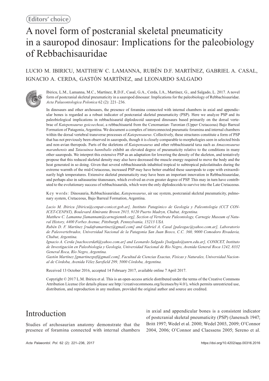 A Novel Form of Postcranial Skeletal Pneumaticity in a Sauropod Dinosaur: Implications for the Paleobiology of Rebbachisauridae