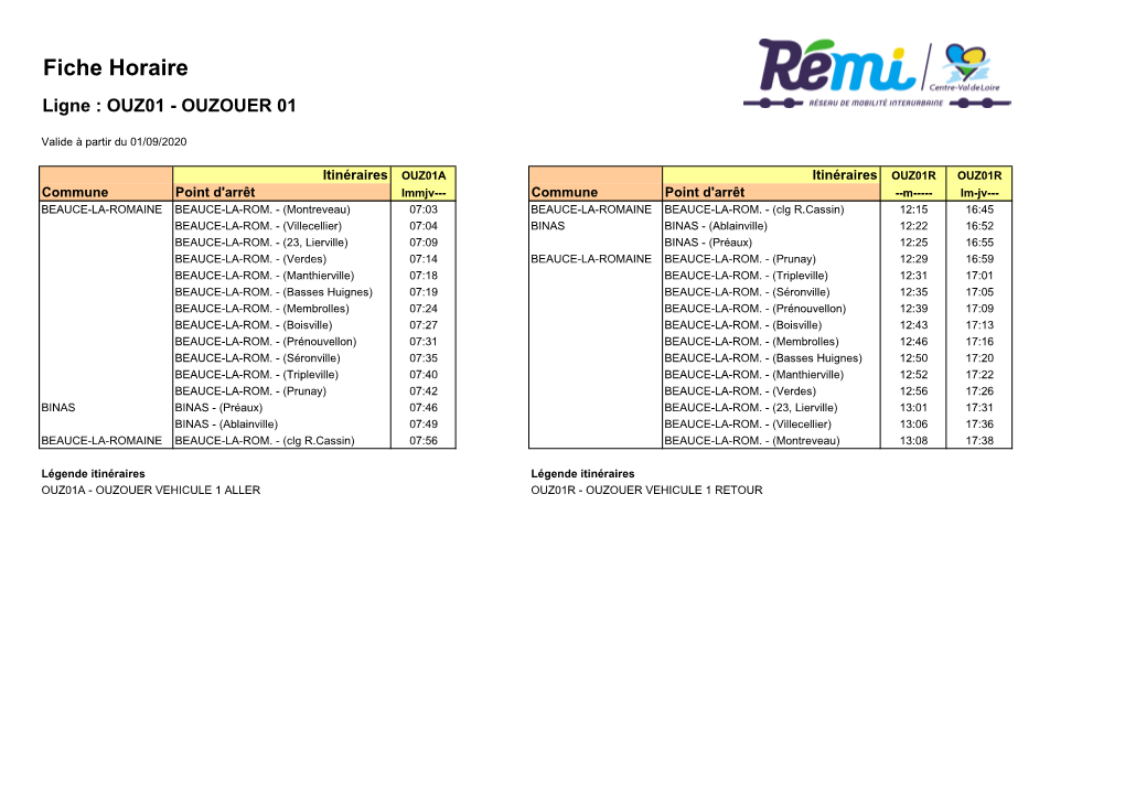 Fiche Horaire Ligne : OUZ01 - OUZOUER 01