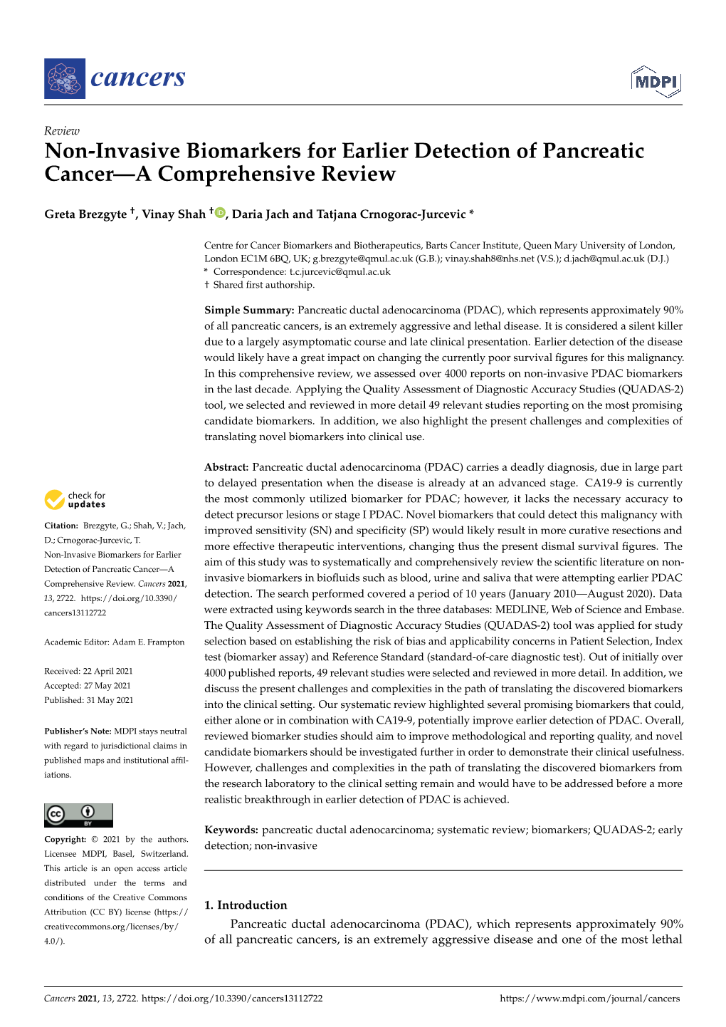 Non-Invasive Biomarkers for Earlier Detection of Pancreatic Cancer—A Comprehensive Review