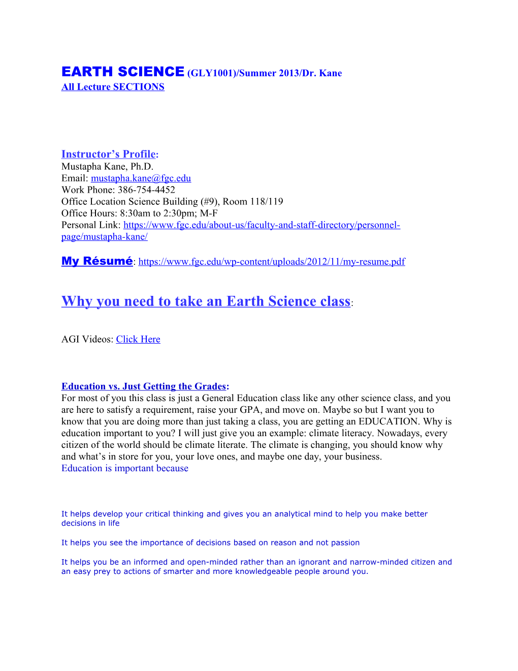 EARTH SCIENCE (GLY1001)/Summer 2013/Dr. Kane