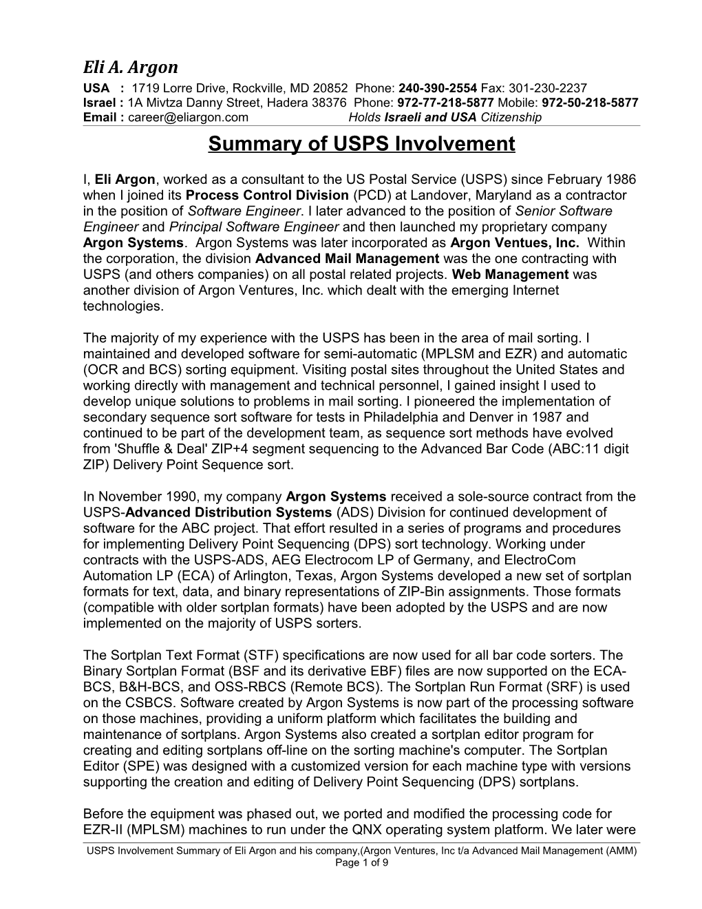 Summary of USPS Involvement