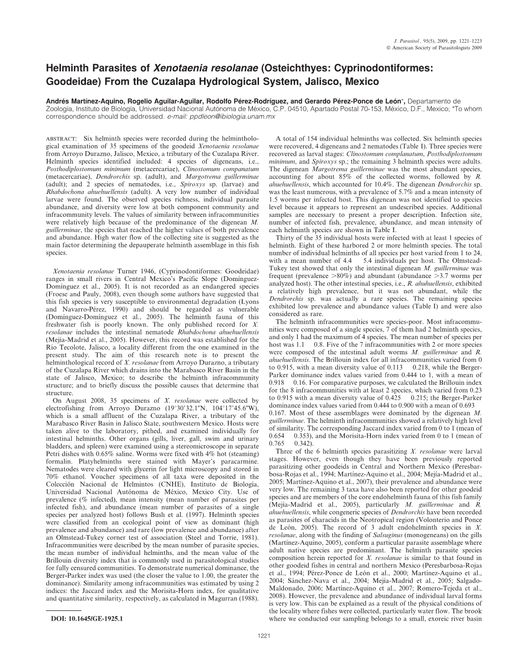 Helminth Parasites of Xenotaenia Resolanae (Osteichthyes: Cyprinodontiformes: Goodeidae) from the Cuzalapa Hydrological System, Jalisco, Mexico