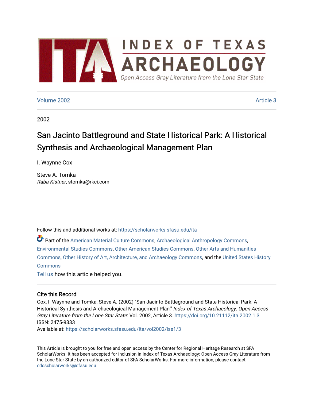 San Jacinto Battleground and State Historical Park: a Historical Synthesis and Archaeological Management Plan