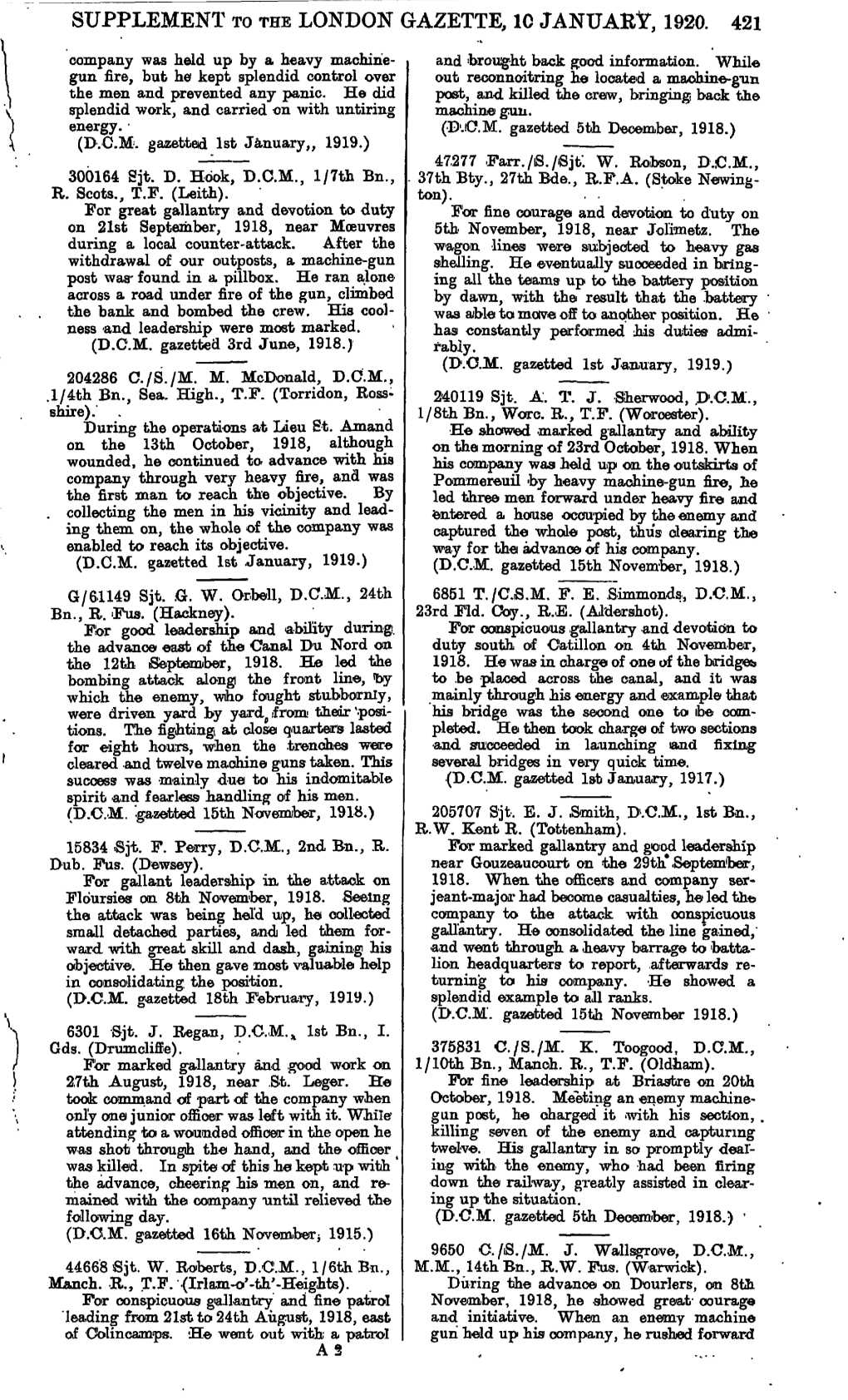 Supplement to the London Gazette, 1C January, 1920. 421