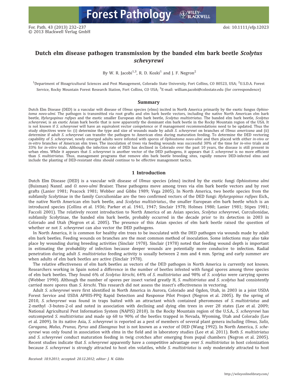 Dutch Elm Disease Pathogen Transmission by the Banded Elm Bark Beetle Scolytus Schevyrewi