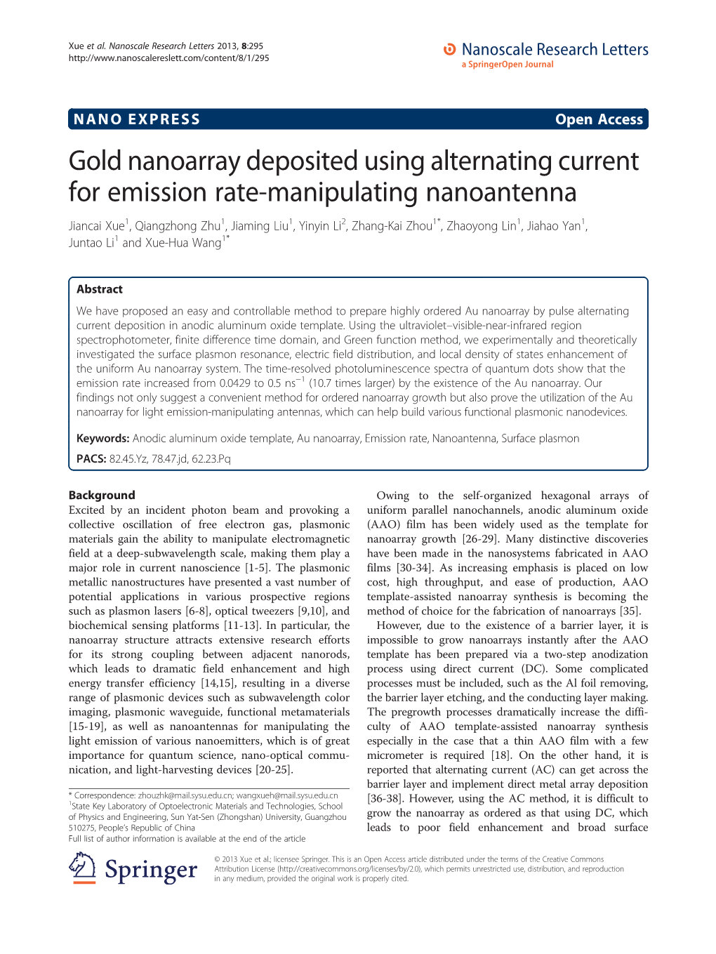 Gold Nanoarray Deposited Using Alternating Current for Emission Rate