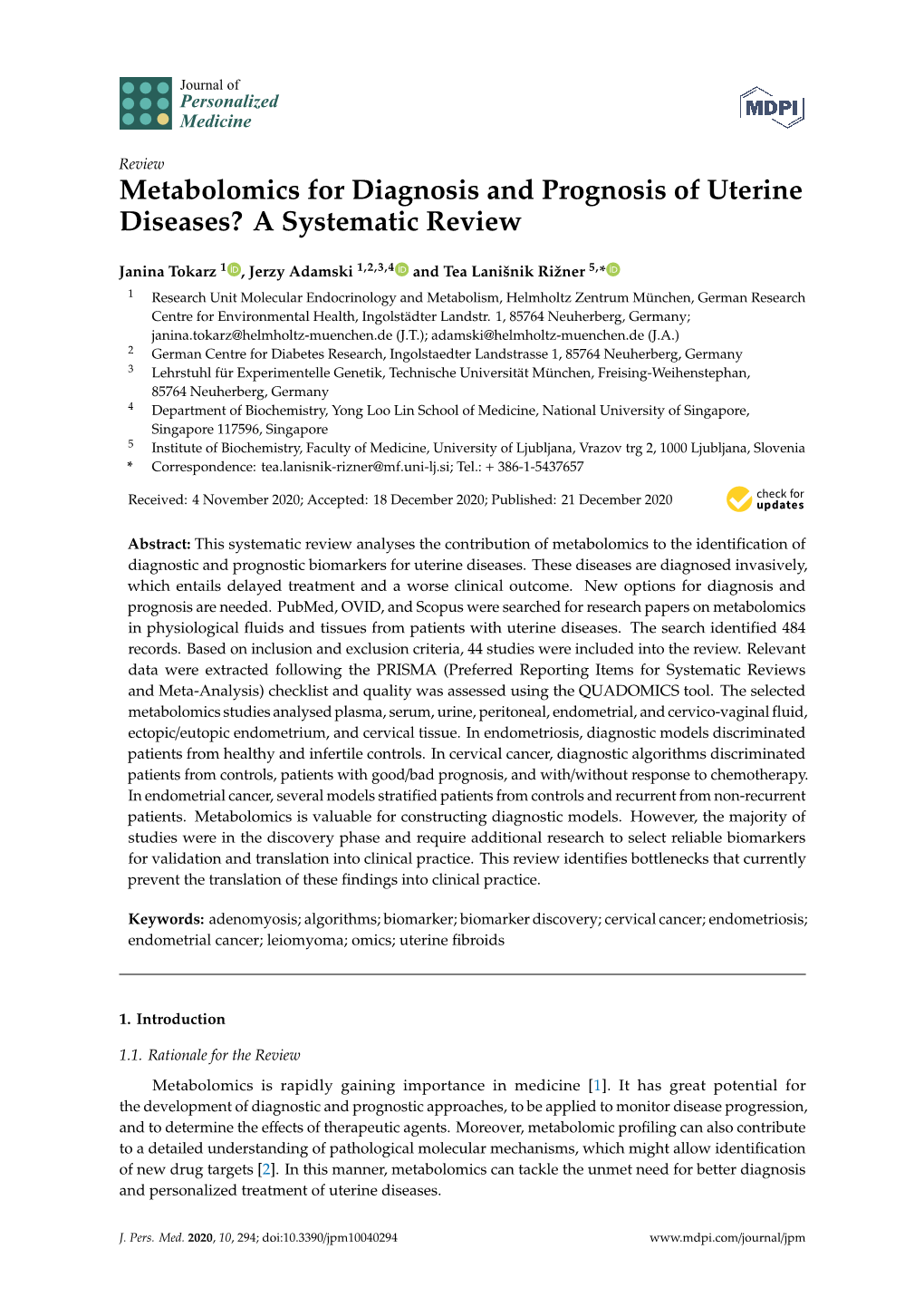 Metabolomics for Diagnosis and Prognosis of Uterine Diseases? a Systematic Review