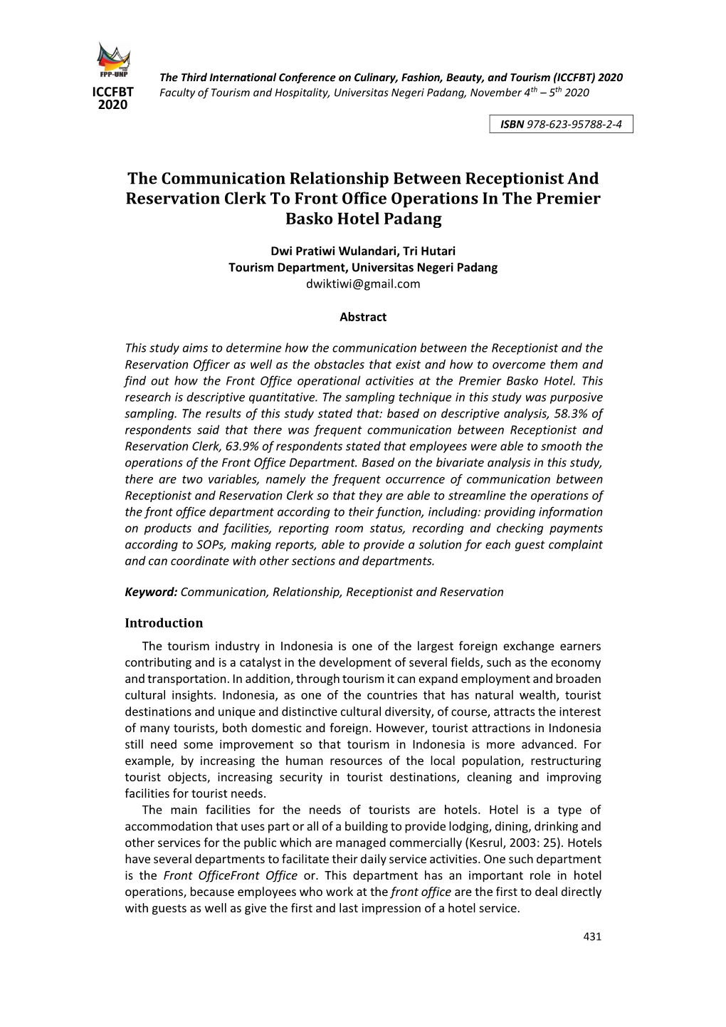 The Communication Relationship Between Receptionist and Reservation Clerk to Front Office Operations in the Premier Basko Hotel Padang