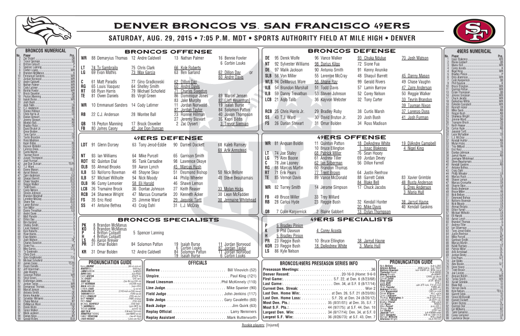 DENVER BRONCOS VS. San Francisco 49Ers SATURDAY, AUG