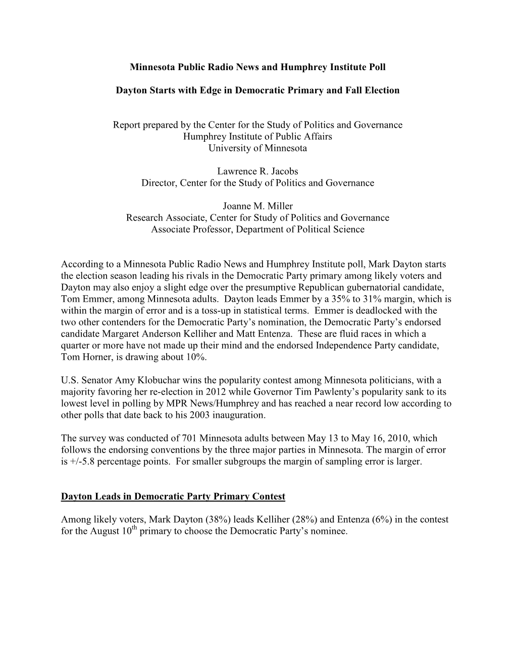 Minnesota Public Radio News and Humphrey Institute Poll