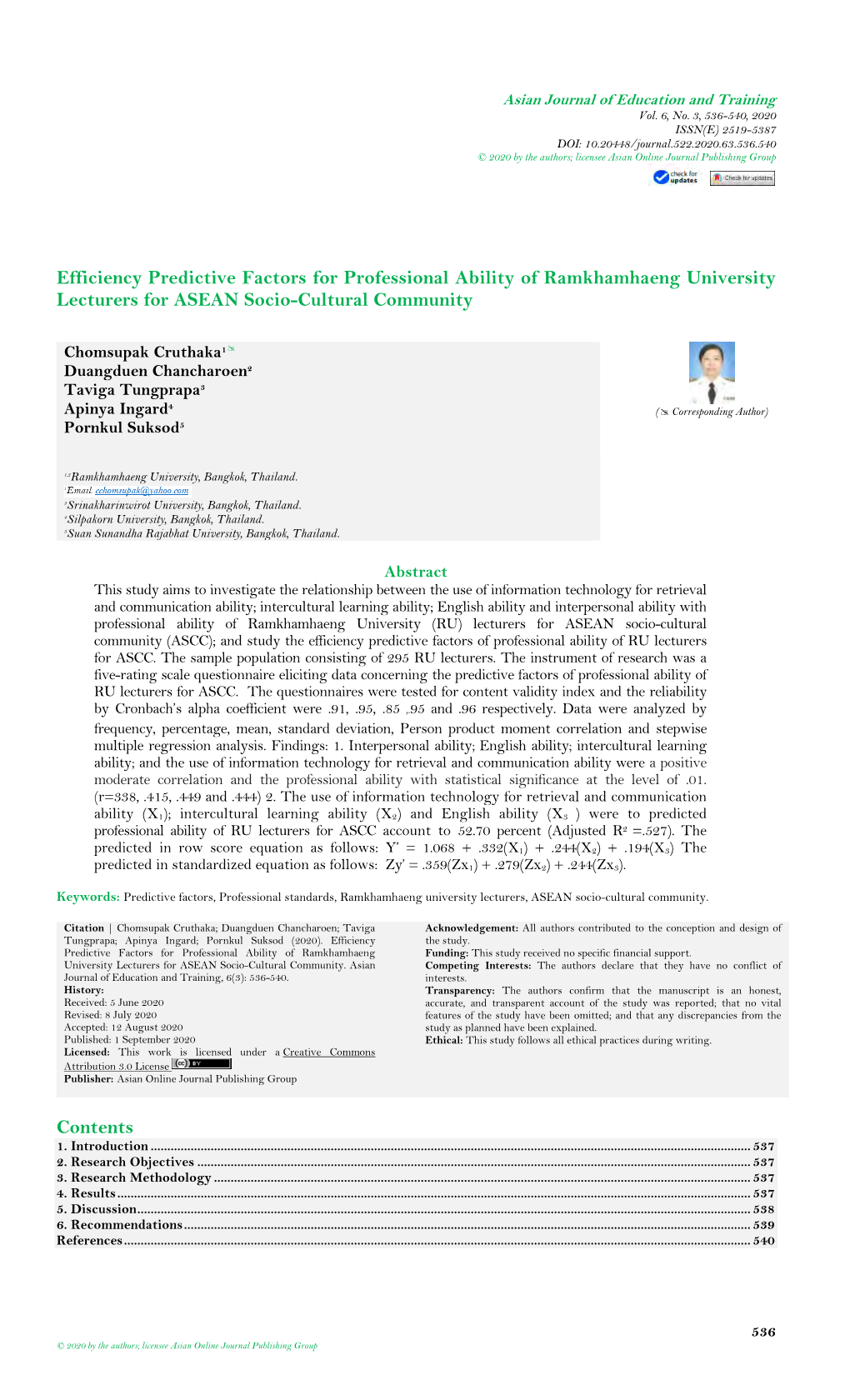 Efficiency Predictive Factors for Professional Ability of Ramkhamhaeng University Lecturers for ASEAN Socio-Cultural Community