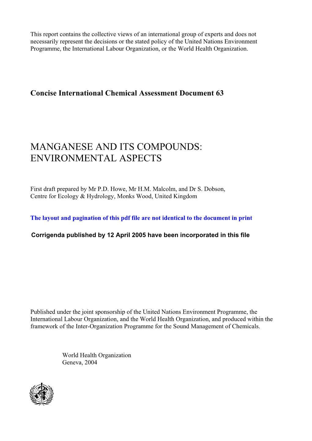 Manganese and Its Compounds: Environmental Aspects