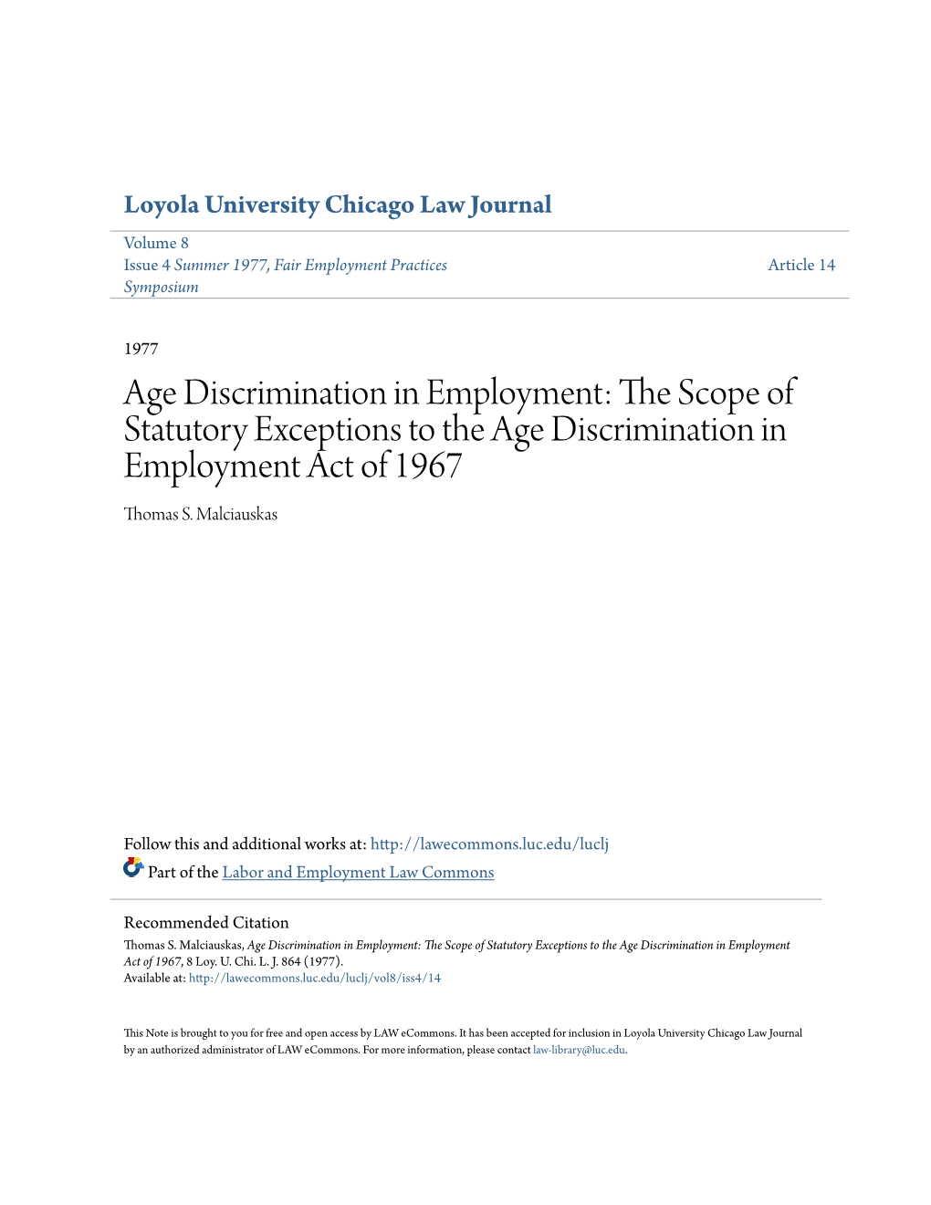 Age Discrimination in Employment: the Scope of Statutory Exceptions to the Age Discrimination in Employment Act of 1967, 8 Loy