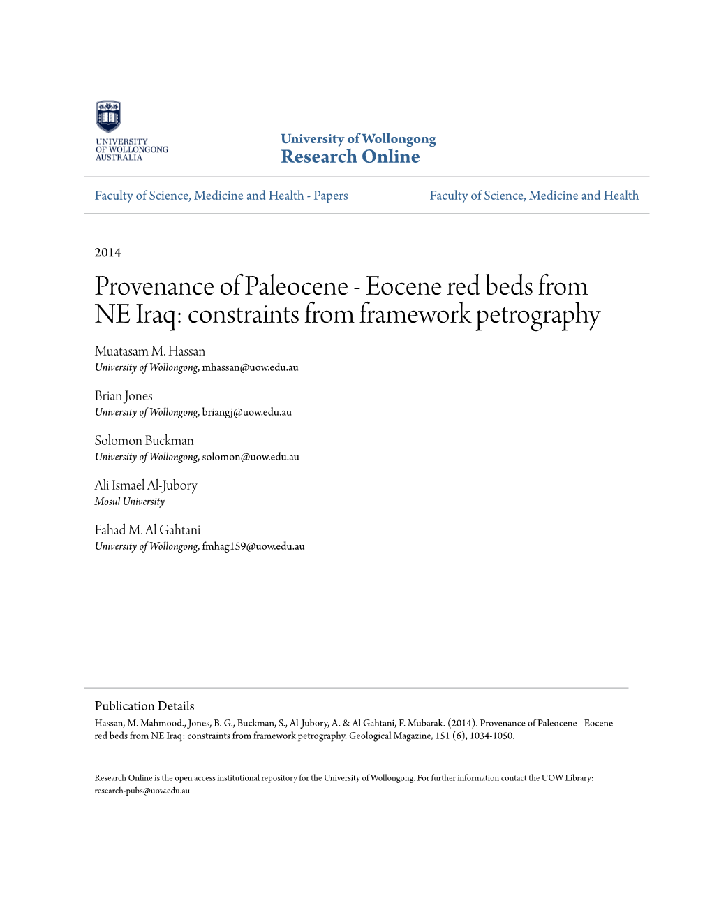 Eocene Red Beds from NE Iraq: Constraints from Framework Petrography Muatasam M