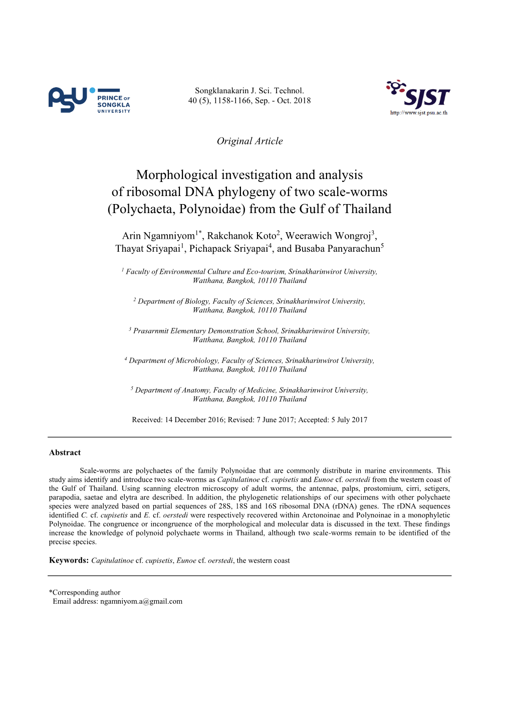 Morphological Investigation and Analysis of Ribosomal DNA Phylogeny of Two Scale-Worms (Polychaeta, Polynoidae) from the Gulf of Thailand