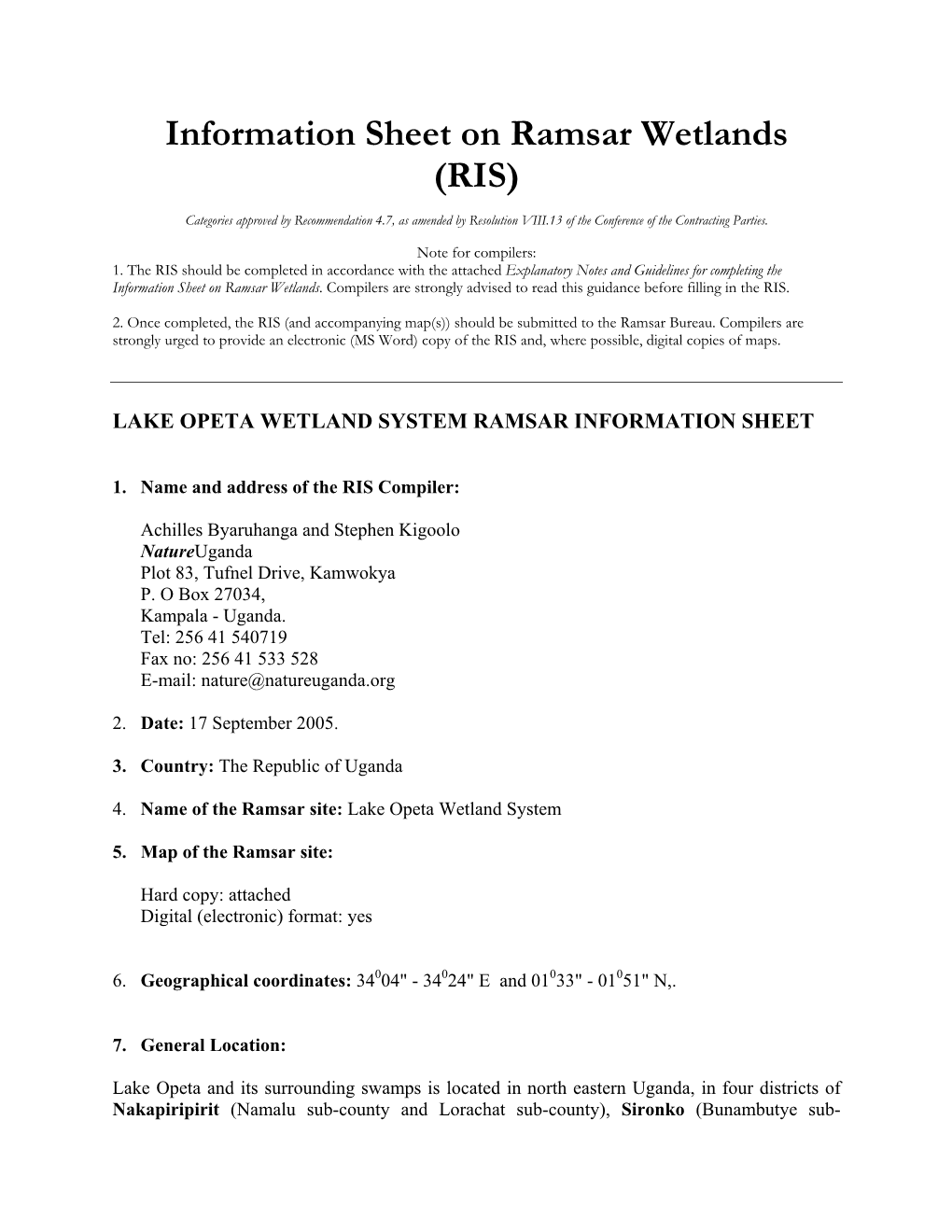 Lake Opeta Wetland System Ramsar Information Sheet