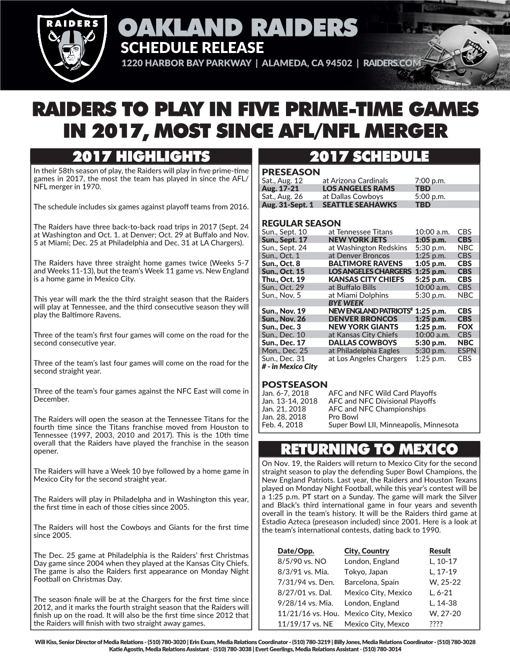 Oakland Raiders Schedule Release 1220 Harbor Bay Parkway | Alameda, Ca 94502 | Raiders.Com