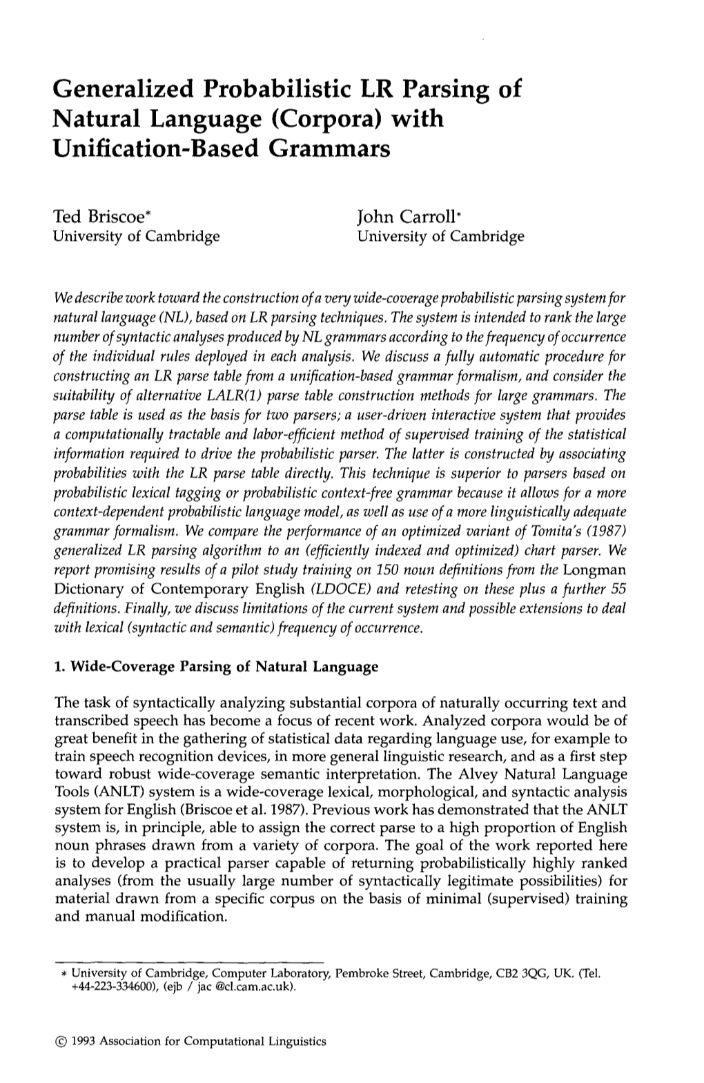 Generalized Probabilistic LR Parsing of Natural Language (Corpora) with Unification-Based Grammars