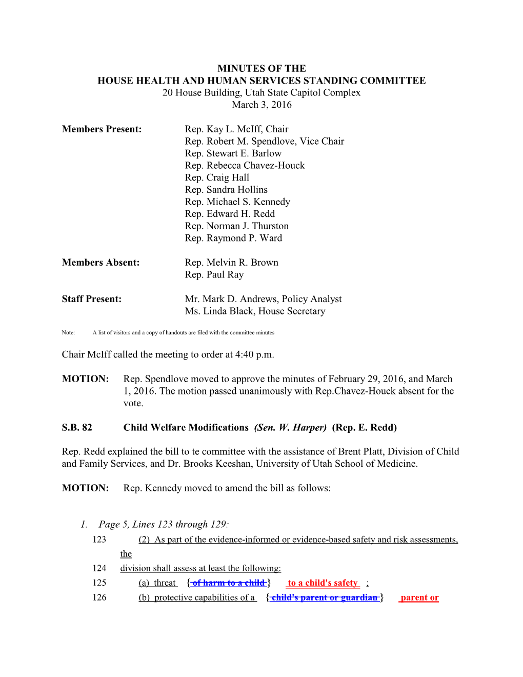 Minutes for House Health and Human Services Committee 03/03