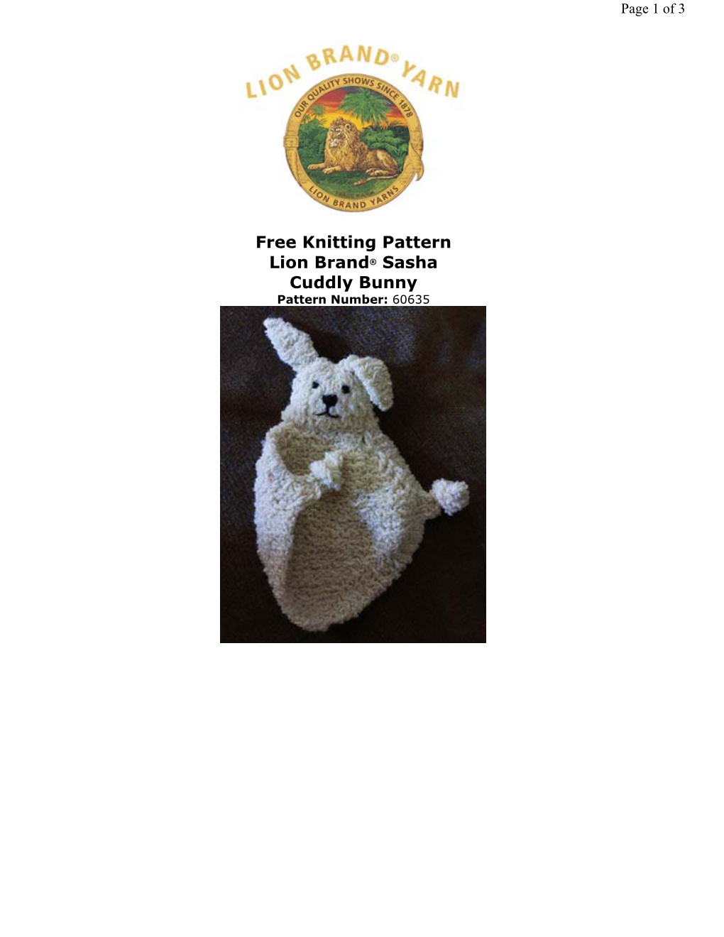 Free Knitting Pattern Lion Brand® Sasha Cuddly Bunny Pattern Number: 60635