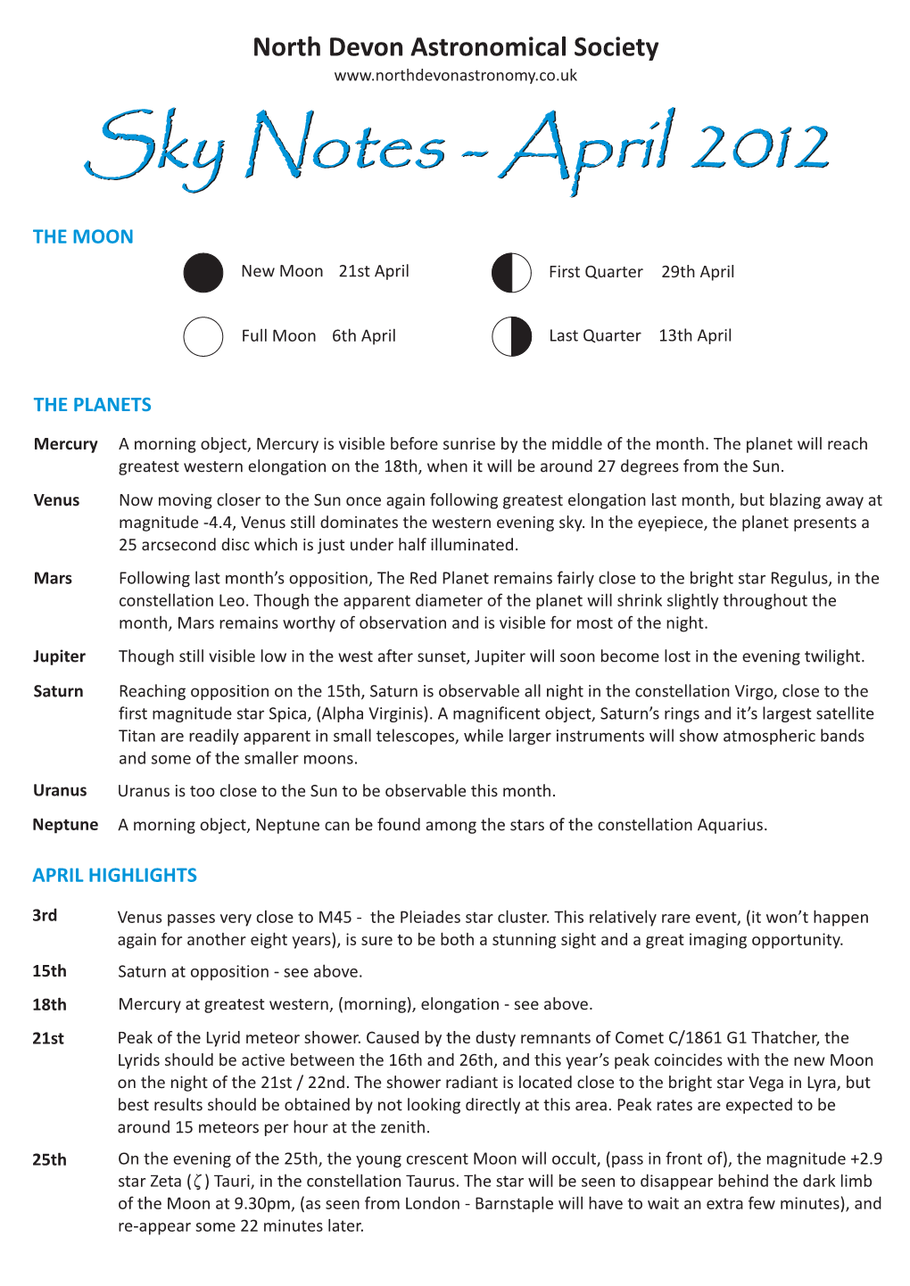 Sky Notes - April 2012