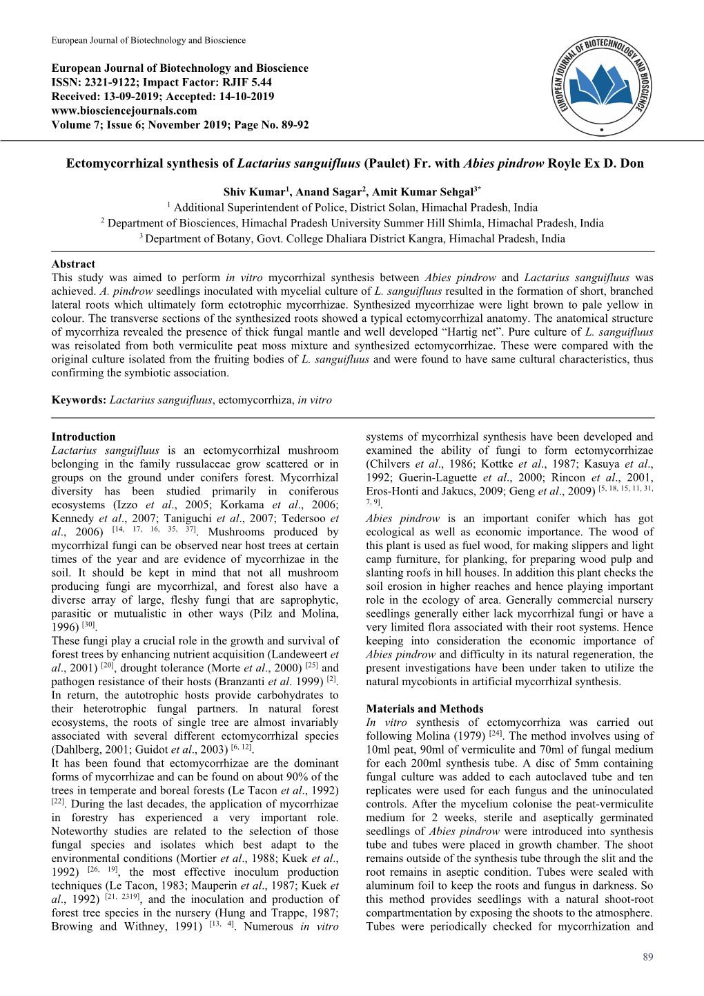 Ectomycorrhizal Synthesis of Lactarius Sanguifluus (Paulet) Fr