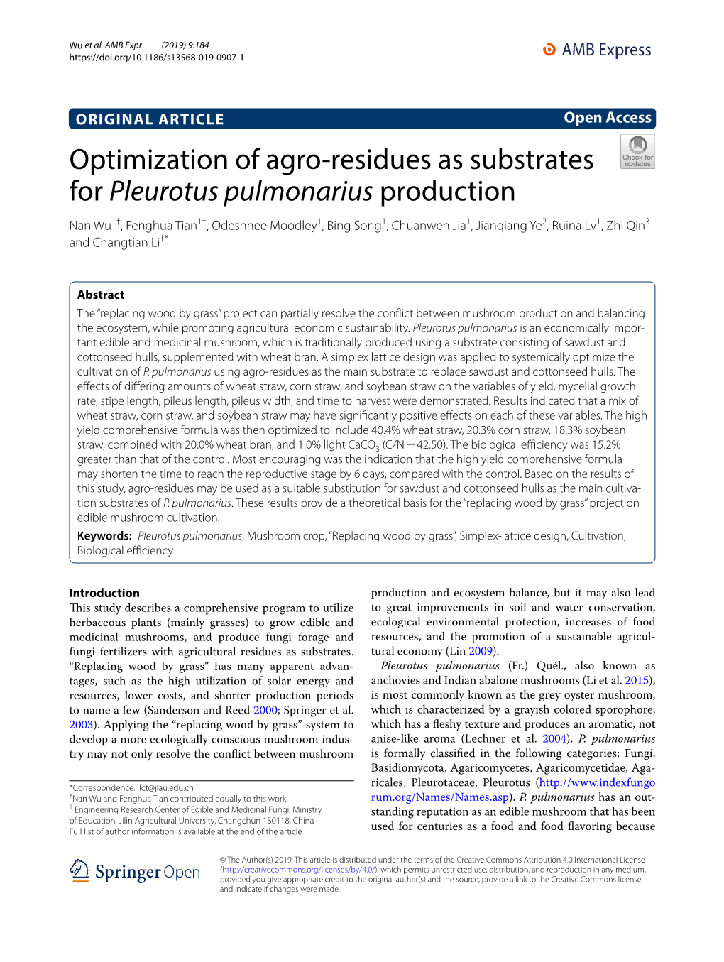 Optimization of Agro-Residues As Substrates for Pleurotus