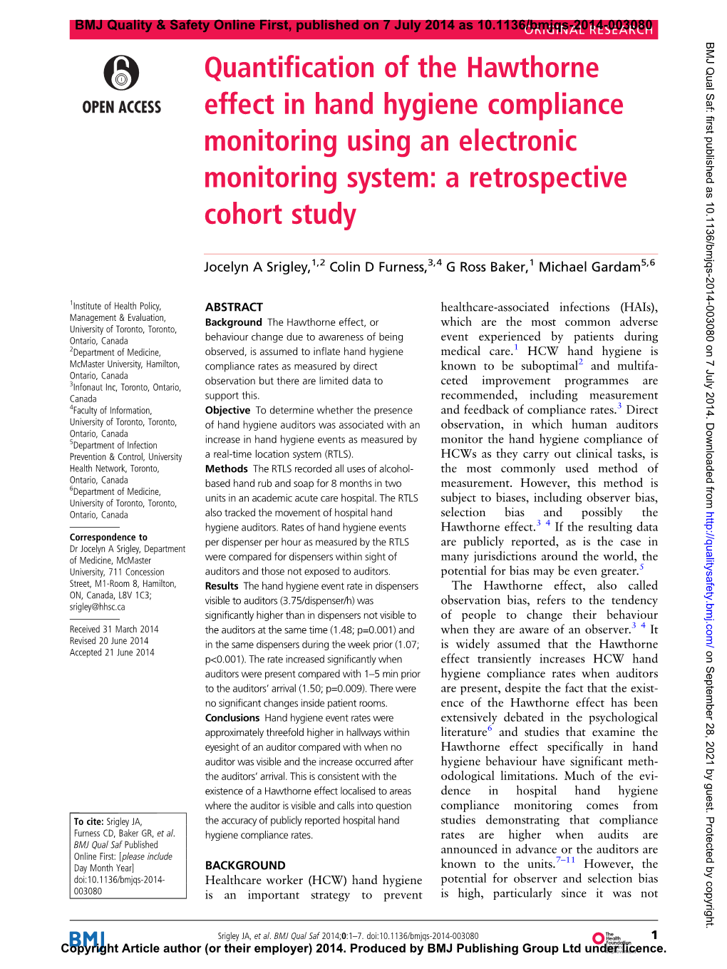 Quantification of the Hawthorne Effect in Hand Hygiene Compliance Monitoring Using an Electronic Monitoring System: a Retrospective Cohort Study