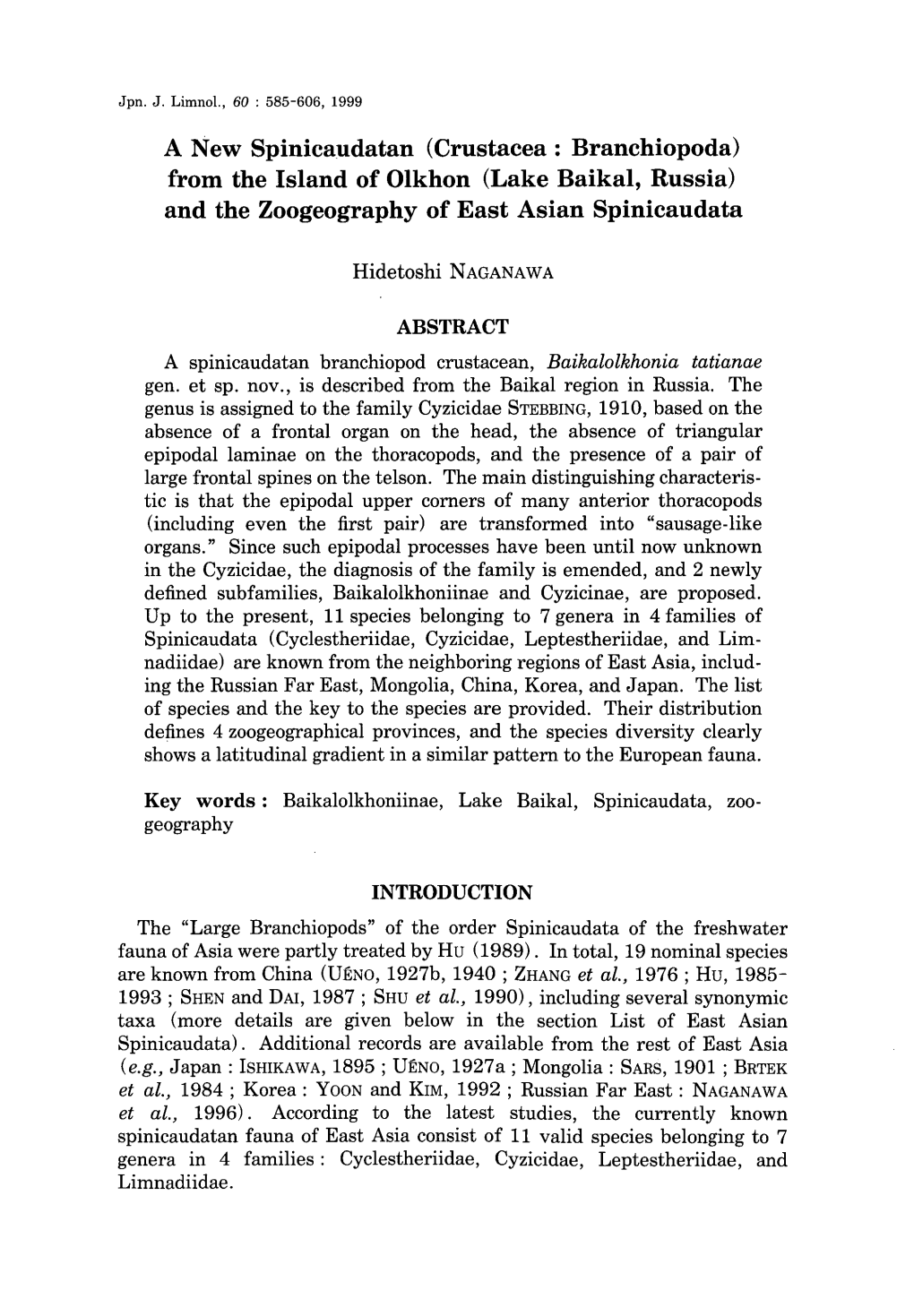 Crustacea: Branchiopoda) from the Island of Olkhon (Lake Baikal, Russia) and the Zoogeography of East Asian Spinicaudata