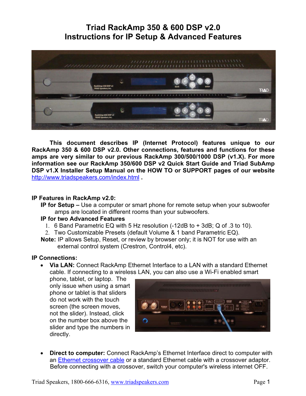 Triad Rackamp 350 & 600 DSP V2.0 Instructions for IP Setup