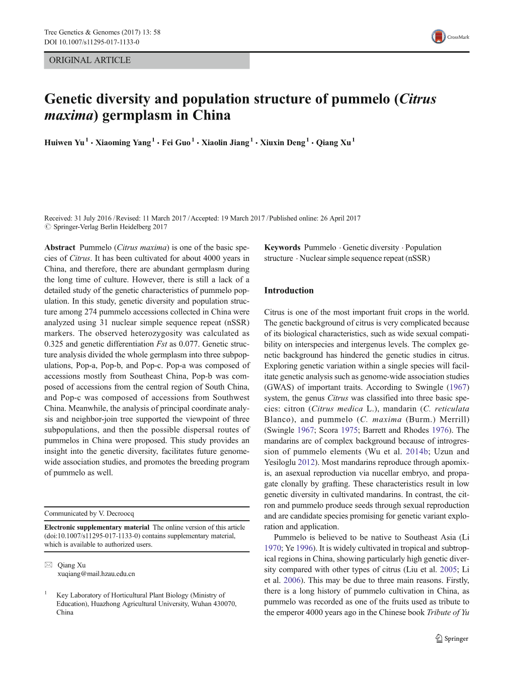 Genetic Diversity and Population Structure of Pummelo (Citrus Maxima) Germplasm in China