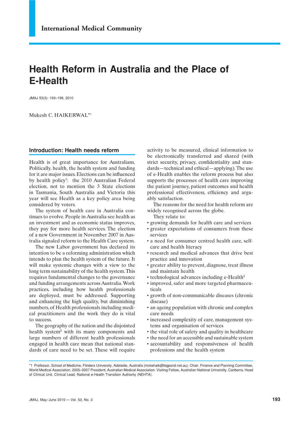 Health Reform in Australia and the Place of E-Health